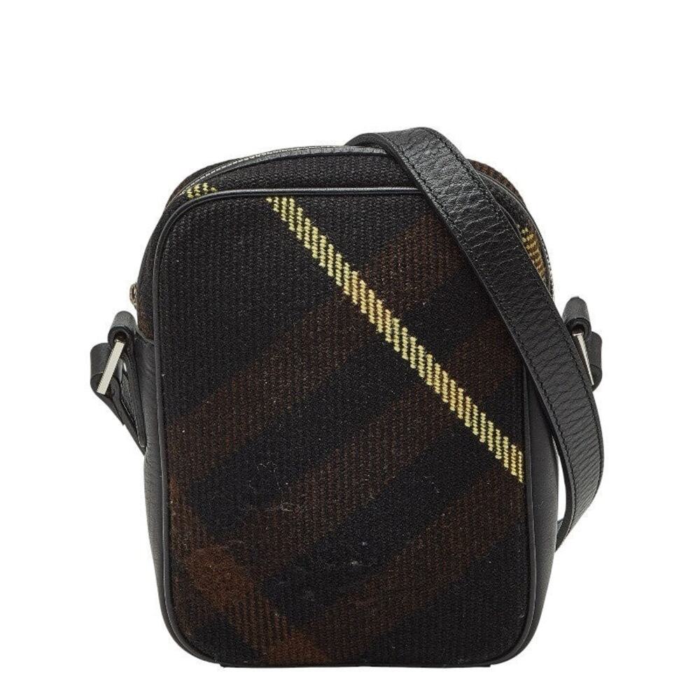 Burberry Leather Canvas Check Shoulder Bag Black